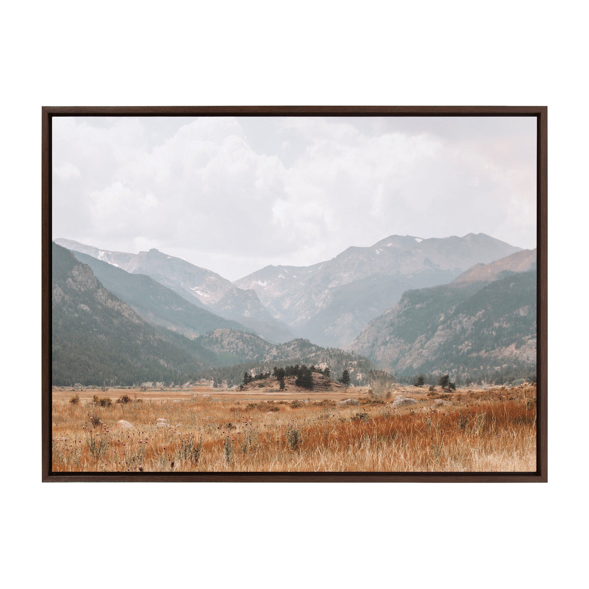 Framed canvas showing a wide valley with golden grasses in the foreground and layered blue-gray mountains under a cloudy sky in the background.