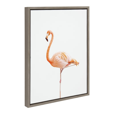 Sylvie Flamingo Standing framed canvas print showing a flamingo standing with soft colors in Natural frame