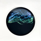 Resin Art Side Table with black metal frame and glossy resin-coated acacia wood tabletop in Northern Lights color