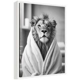 Black and white framed canvas of a lion wrapped in a soft, fluffy towel, facing forward with a calm expression in a blurred indoor setting.