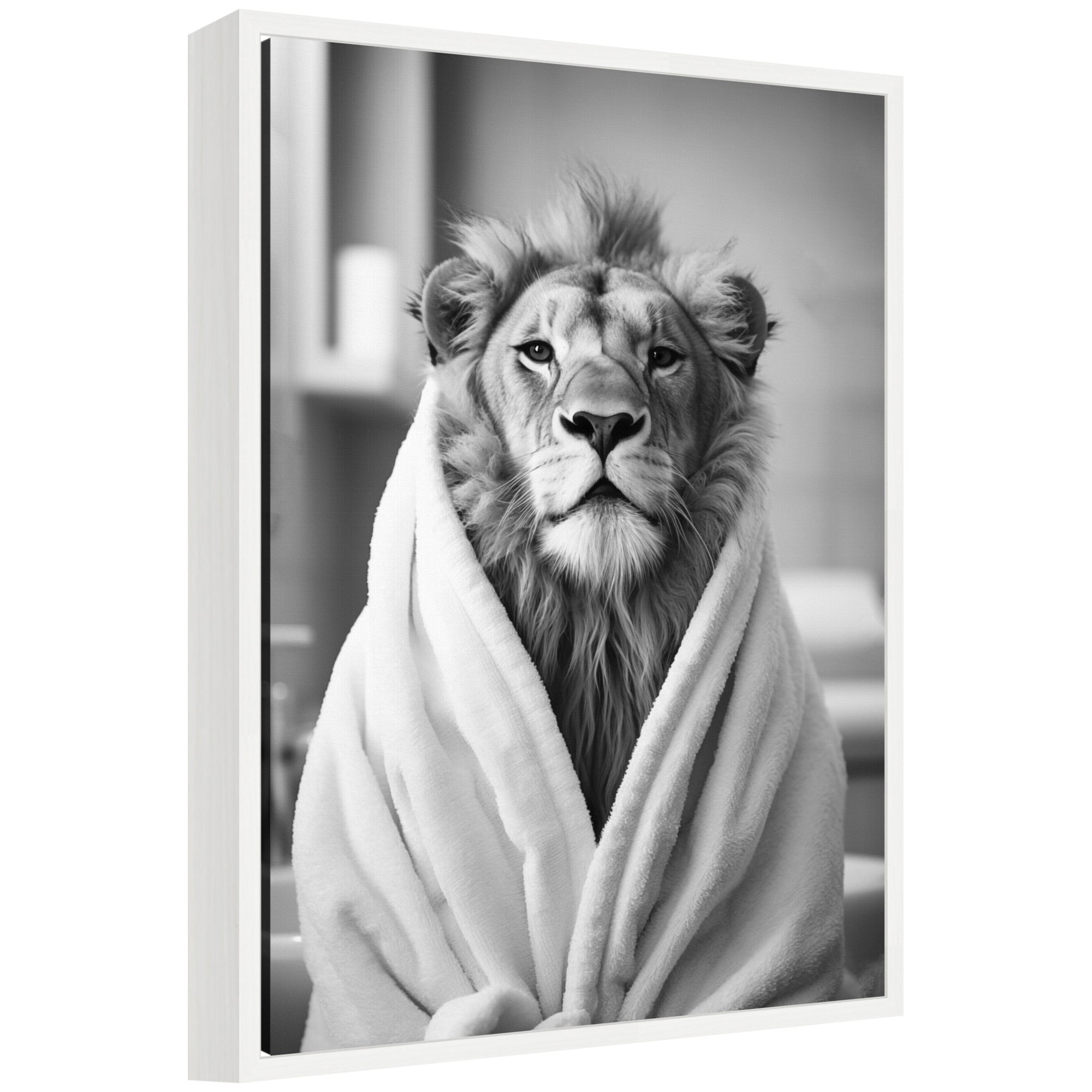 Sylvie Lion Bathroom Art Towel Robe Black and White Framed Canvas