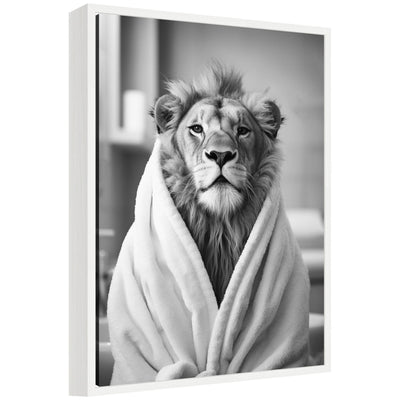 Sylvie Lion Bathroom Art Towel Robe Black and White Framed Canvas