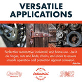 Close-up collage showing a bike chain and gear, rusty hinge on weathered wood, and mechanical engine pulleys illustrating versatile lubrication uses.