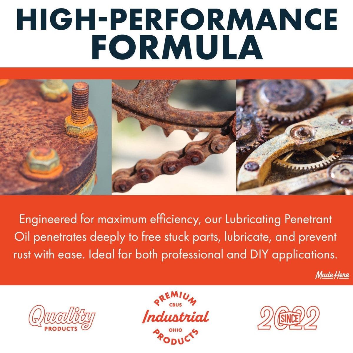 Three close-up photos showing rusted metal parts: a bolt on a flange, a bicycle chain and cog, and mechanical gears, illustrating rust and wear.