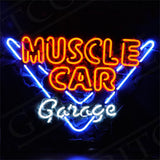 Neon sign with the words 'MUSCLE CAR' in red-orange and 'Garage' in white cursive, framed by a bright blue neon V shape on a dark background.