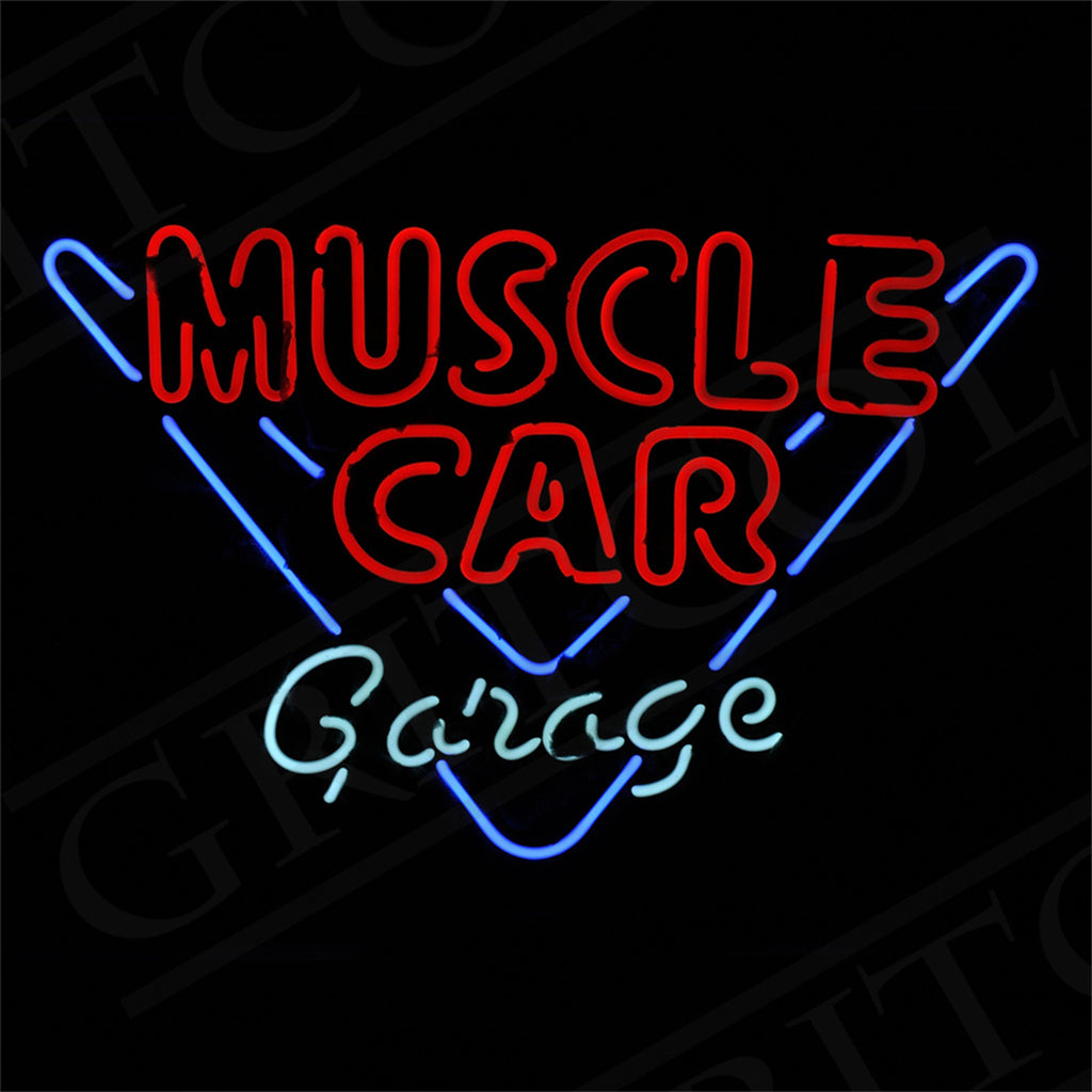 Neon sign with bold red uppercase 'MUSCLE CAR' inside a blue inverted triangle, and cursive light blue 'Garage' below on black background.