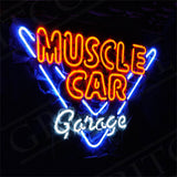 Triangular neon sign with 'MUSCLE CAR' in orange uppercase letters and 'Garage' in white cursive, outlined by a blue neon triangle on a dark background.