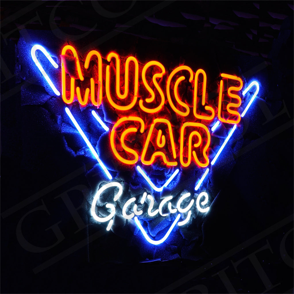 Triangular neon sign with 'MUSCLE CAR' in orange uppercase letters and 'Garage' in white cursive, outlined by a blue neon triangle on a dark background.
