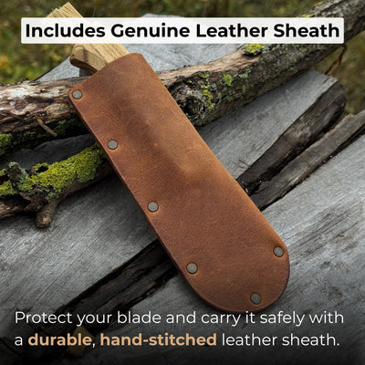 Mushroom knife with carbon steel blade, ash wood handle, and built-in brush, shown with leather sheath