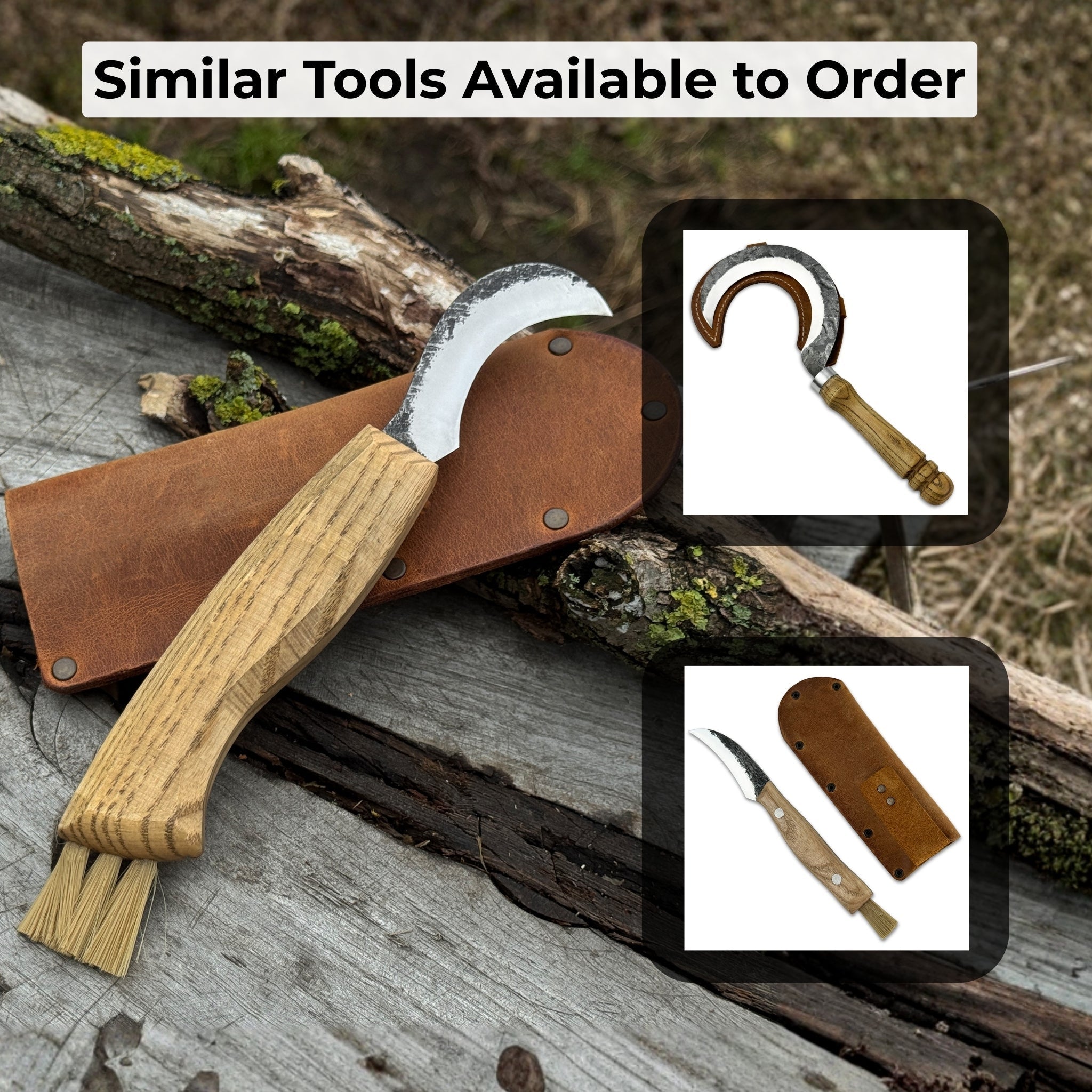 Mushroom knife with carbon steel blade, ash wood handle, and built-in brush, shown with leather sheath