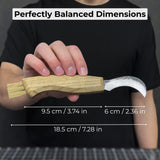 Mushroom knife with carbon steel blade, ash wood handle, and built-in brush, shown with leather sheath