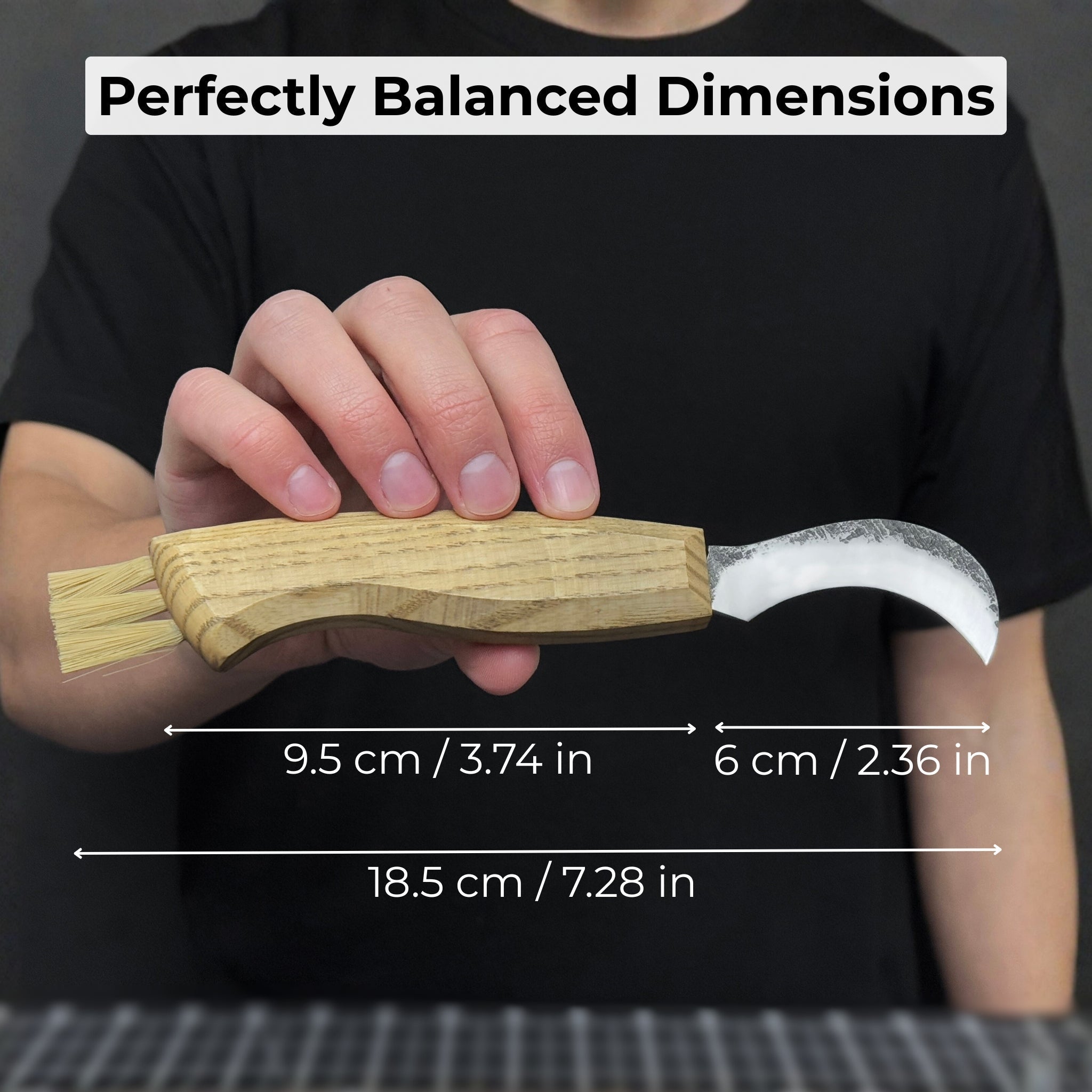 Mushroom knife with carbon steel blade, ash wood handle, and built-in brush, shown with leather sheath