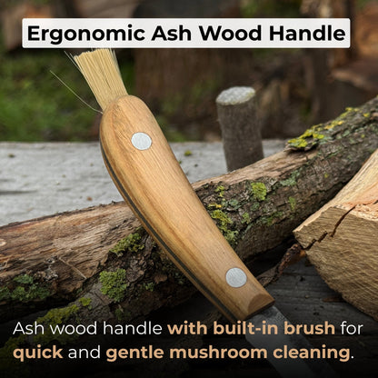 Mushroom knife with carbon steel blade, ash wood handle, built-in brush, and leather sheath for forest foraging