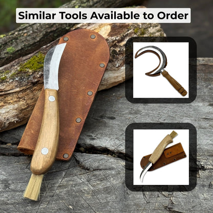 Mushroom knife with carbon steel blade, ash wood handle, built-in brush, and leather sheath for forest foraging