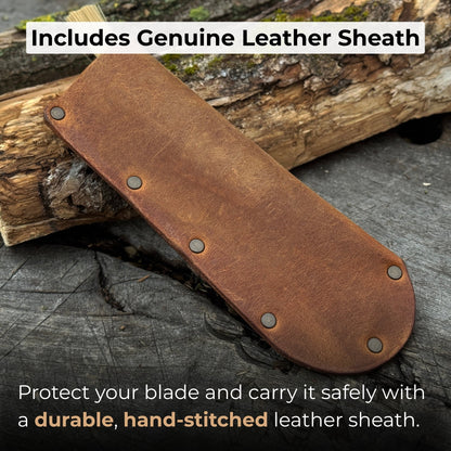 Mushroom knife with carbon steel blade, ash wood handle, built-in brush, and leather sheath for forest foraging