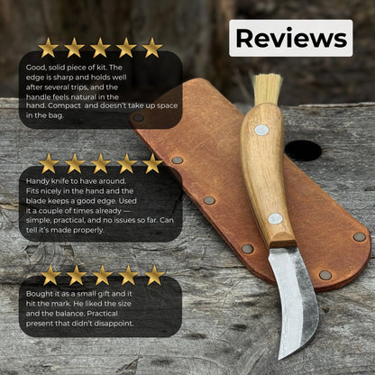 Mushroom knife with carbon steel blade, ash wood handle, built-in brush, and leather sheath for forest foraging