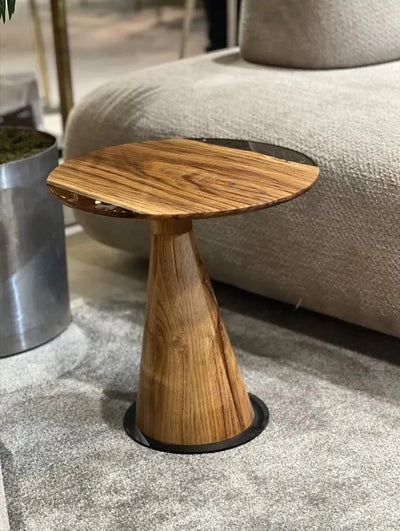Mushroom Side and End Table made of Walnut wood and clear epoxy resin with sculptural cone-shaped base