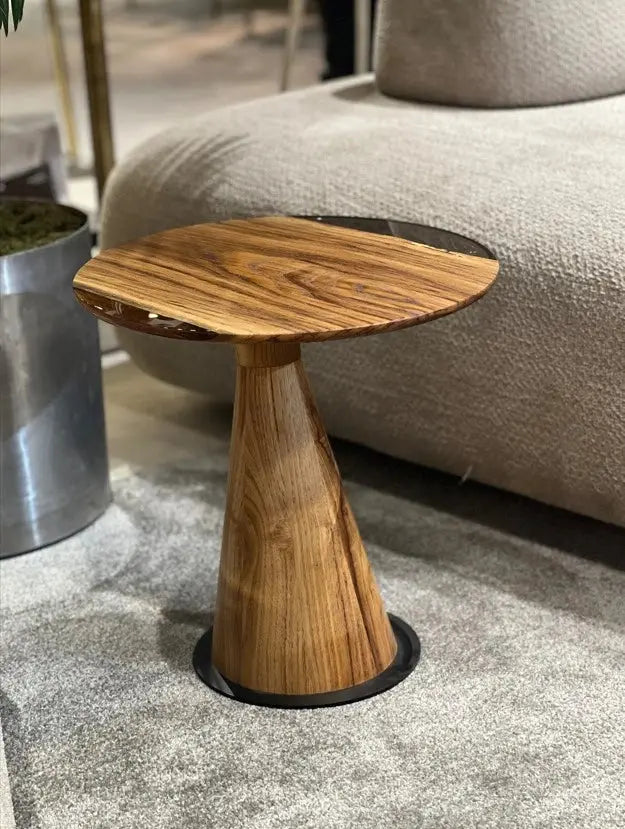 Mushroom Side and End Table made of Walnut wood and clear epoxy resin with sculptural cone-shaped base