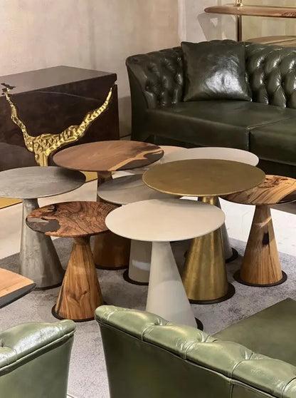 Mushroom Side and End Table made of Walnut wood and clear epoxy resin with sculptural cone-shaped base