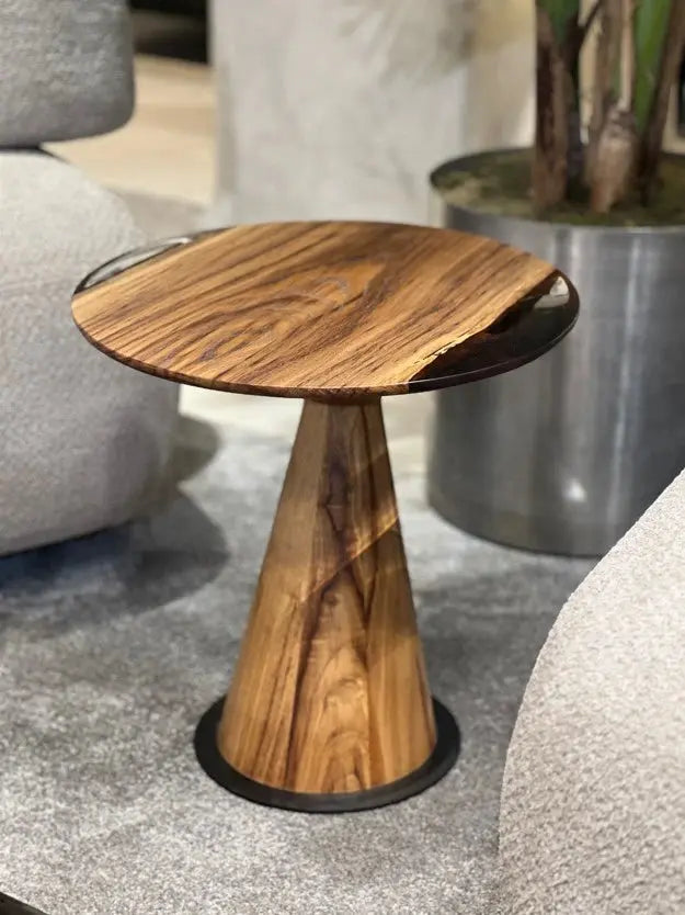 Mushroom Side and End Table made of Walnut wood and clear epoxy resin with sculptural cone-shaped base