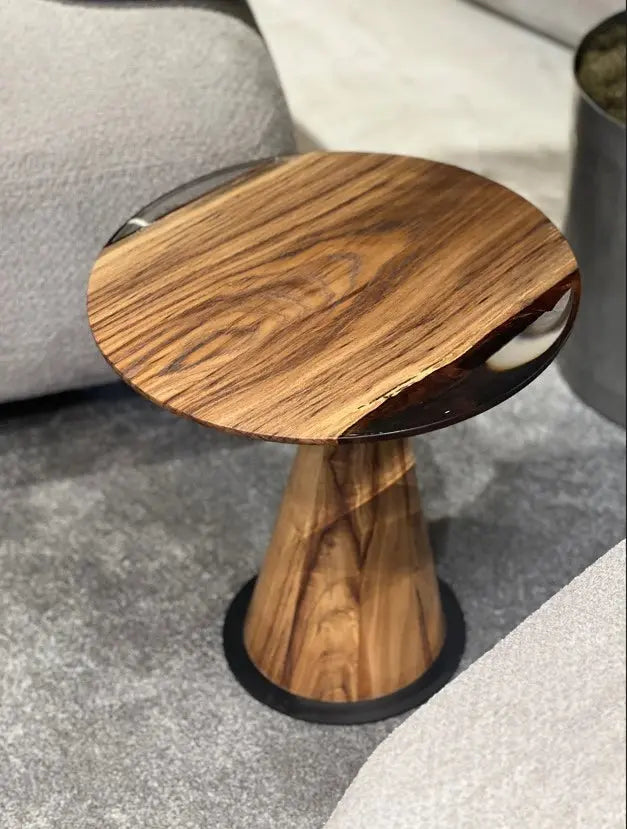 Mushroom Side and End Table made of Walnut wood and clear epoxy resin with sculptural cone-shaped base