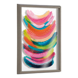 Abstract framed print featuring layered brushstrokes in pink, orange, green, blue, and yellow with white dot accents on a white background.