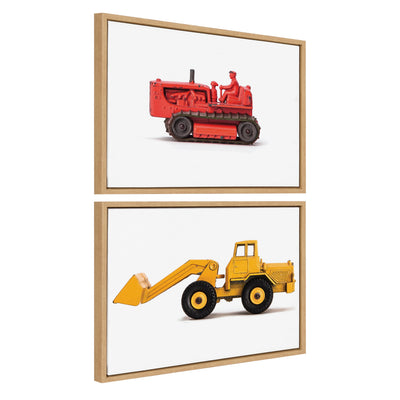 Sylvie Vintage Toy Bulldozer Red and Vintage Toy Front End Loader Yellow Framed Canvas Art Set by Saint and Sailor Studios