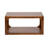 Rectangular wooden coffee table with rounded open sides and a lower shelf, showing smooth natural wood grain in warm brown tones.