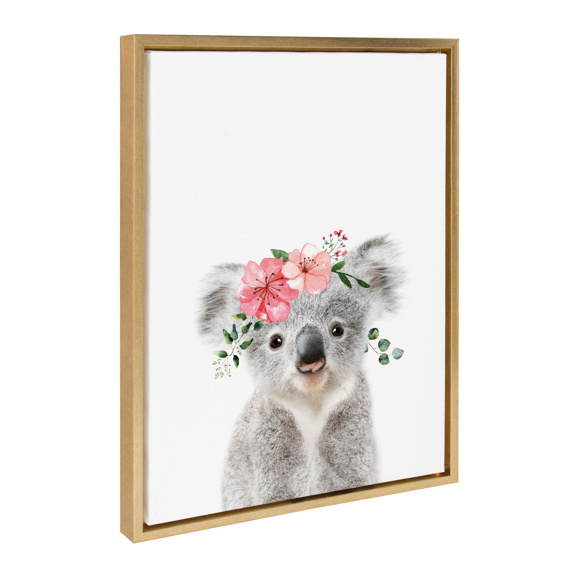 Sylvie Flower Crown Koala framed canvas art with a koala wearing a pink and purple flower crown on a light background in a bright gold frame