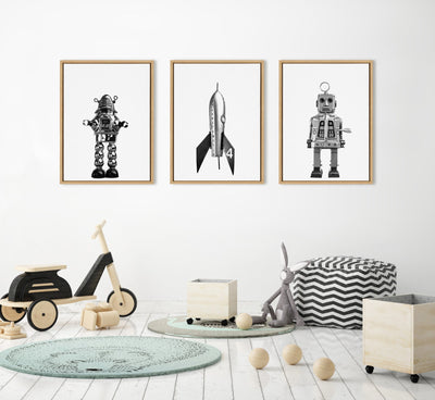 Sylvie Sparky Space Robot, No 4 Rocket and Robbey Robot Black and White Set Framed Canvas Art Set by Saint and Sailor Studios