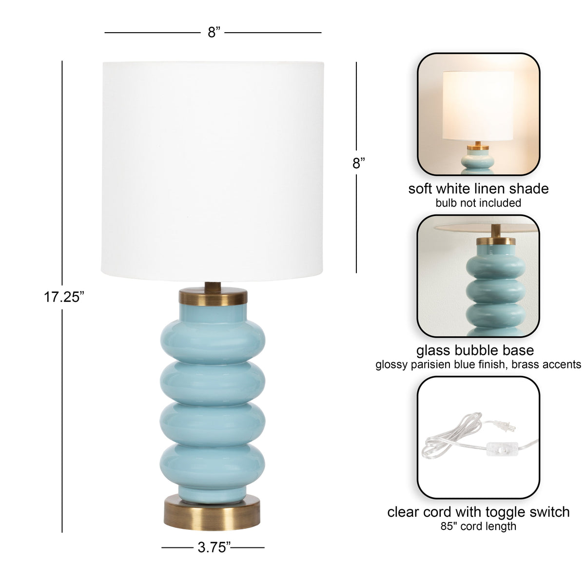 Table lamp with a glossy Parisian blue glass bubble base and a soft white linen drum shade, featuring brass accents and an 85-inch clear cord with toggle switch.