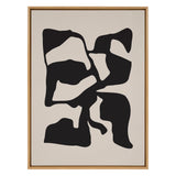 Abstract composition featuring large irregular black shapes resembling distorted figures on a tan background, enclosed in a simple light wooden frame.
