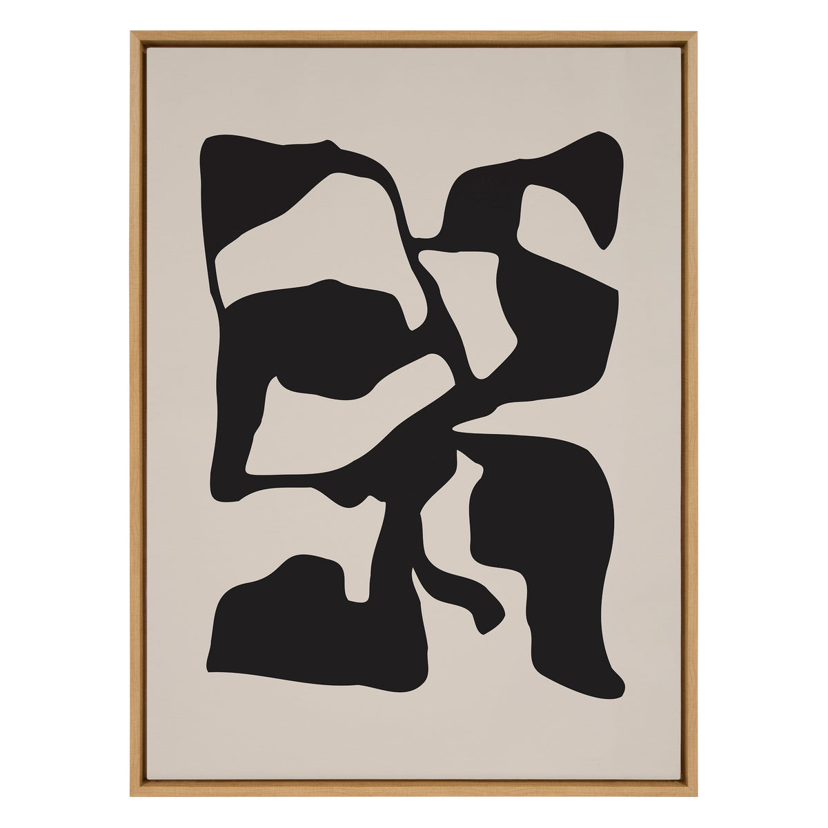 Abstract composition featuring large irregular black shapes resembling distorted figures on a tan background, enclosed in a simple light wooden frame.
