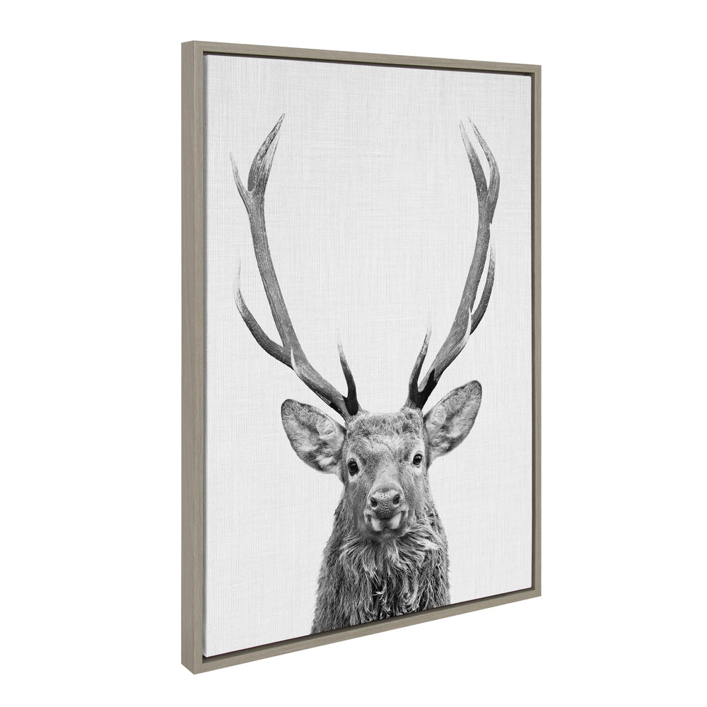 Black and white framed canvas art depicting a red deer in silhouette by Simon Te
