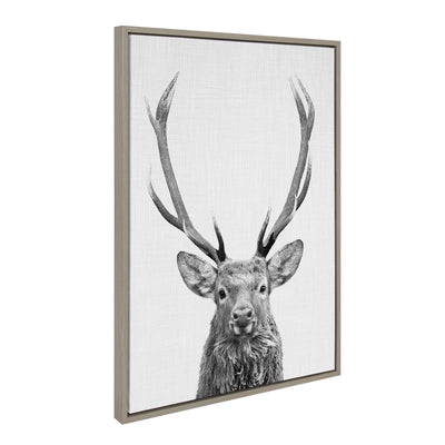 Black and white framed canvas art depicting a red deer in silhouette by Simon Te