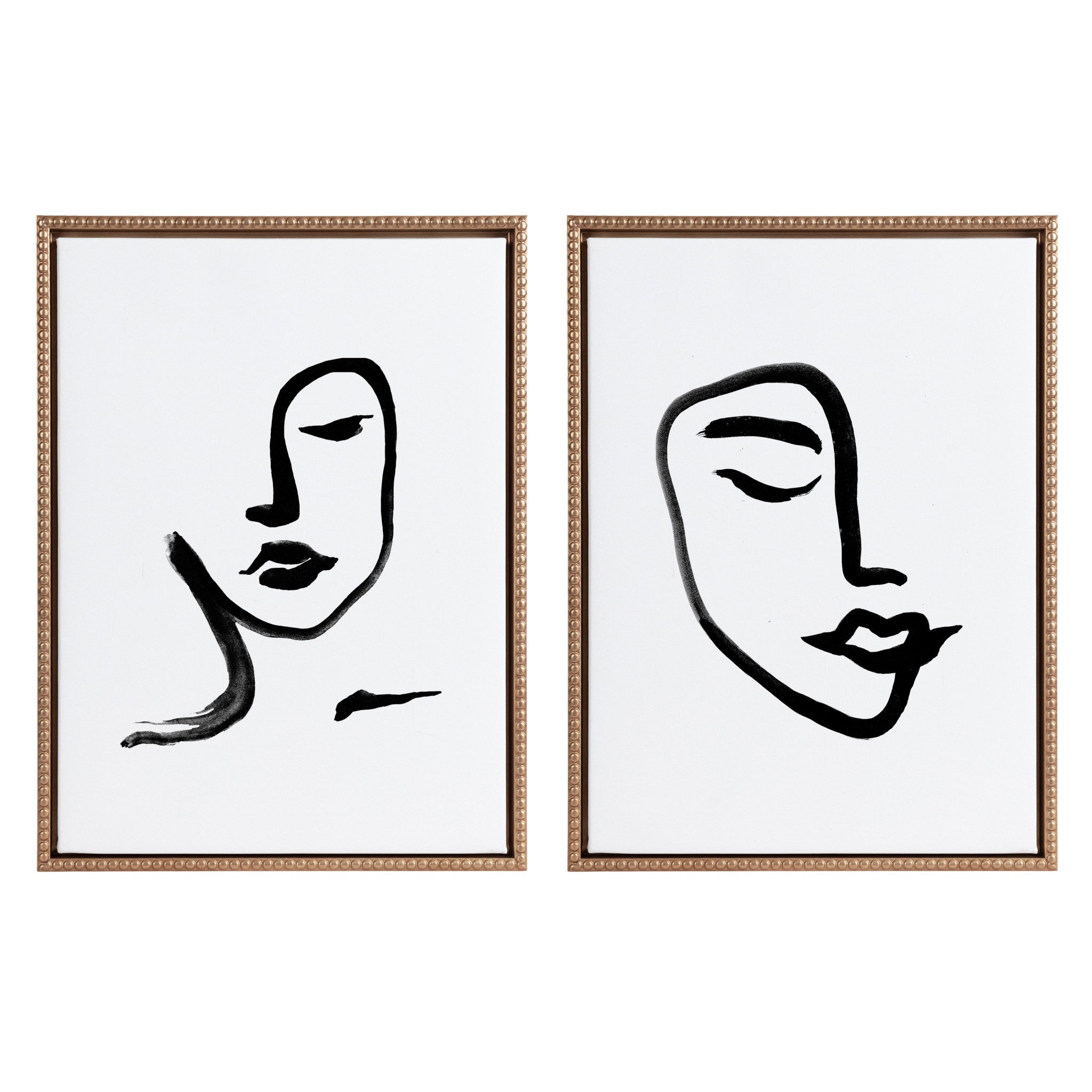 Sylvie Beaded Woman Face Art and Face Line Art Framed Canvas Art Set showing minimalist line portraits framed in gold beaded frames.