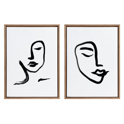 Sylvie Beaded Woman Face Art and Face Line Art Framed Canvas Art Set showing minimalist line portraits framed in gold beaded frames.
