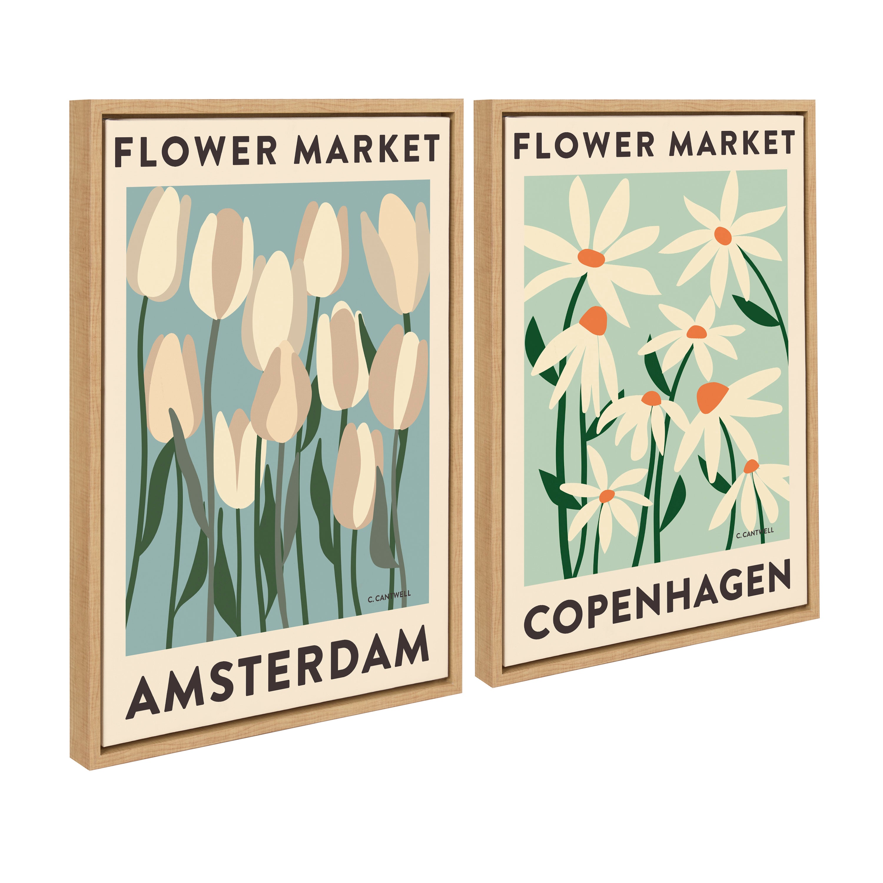 Sylvie Flower Market 3 and 4 framed floral canvas art set with vintage beaded black and natural frames