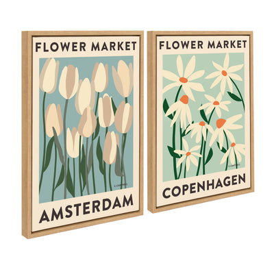 Sylvie Flower Market 3 and 4 framed floral canvas art set with vintage beaded black and natural frames