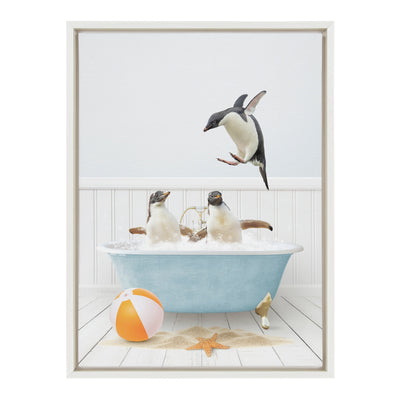 Sylvie Three Penguins Beach House Bath Framed Canvas by Amy Peterson