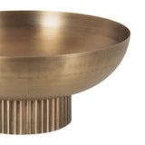 Brushed brass bowl with smooth curved sides and a short, vertical ribbed pedestal base in matching brass finish.