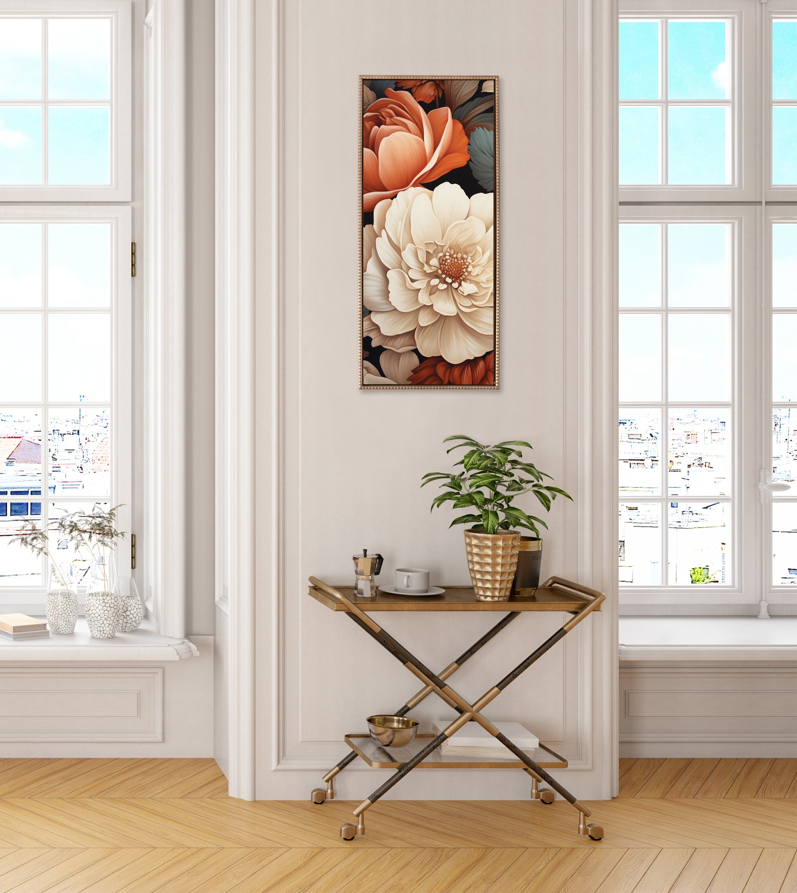 Sylvie Beaded Romantic Ivory and Peach Flora Framed Canvas by The Creative Bunch Studio