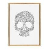 Black and white floral skull illustration with intricate flowers and leaves, framed in a simple natural wood frame on white background.