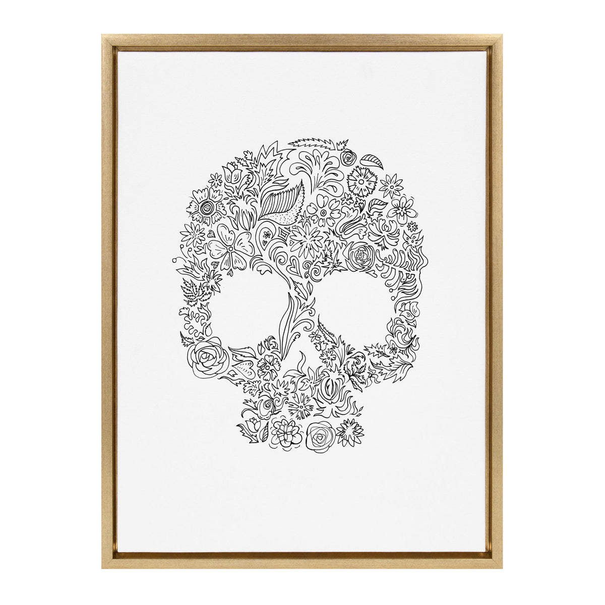 Black and white floral skull illustration with intricate flowers and leaves, framed in a simple natural wood frame on white background.