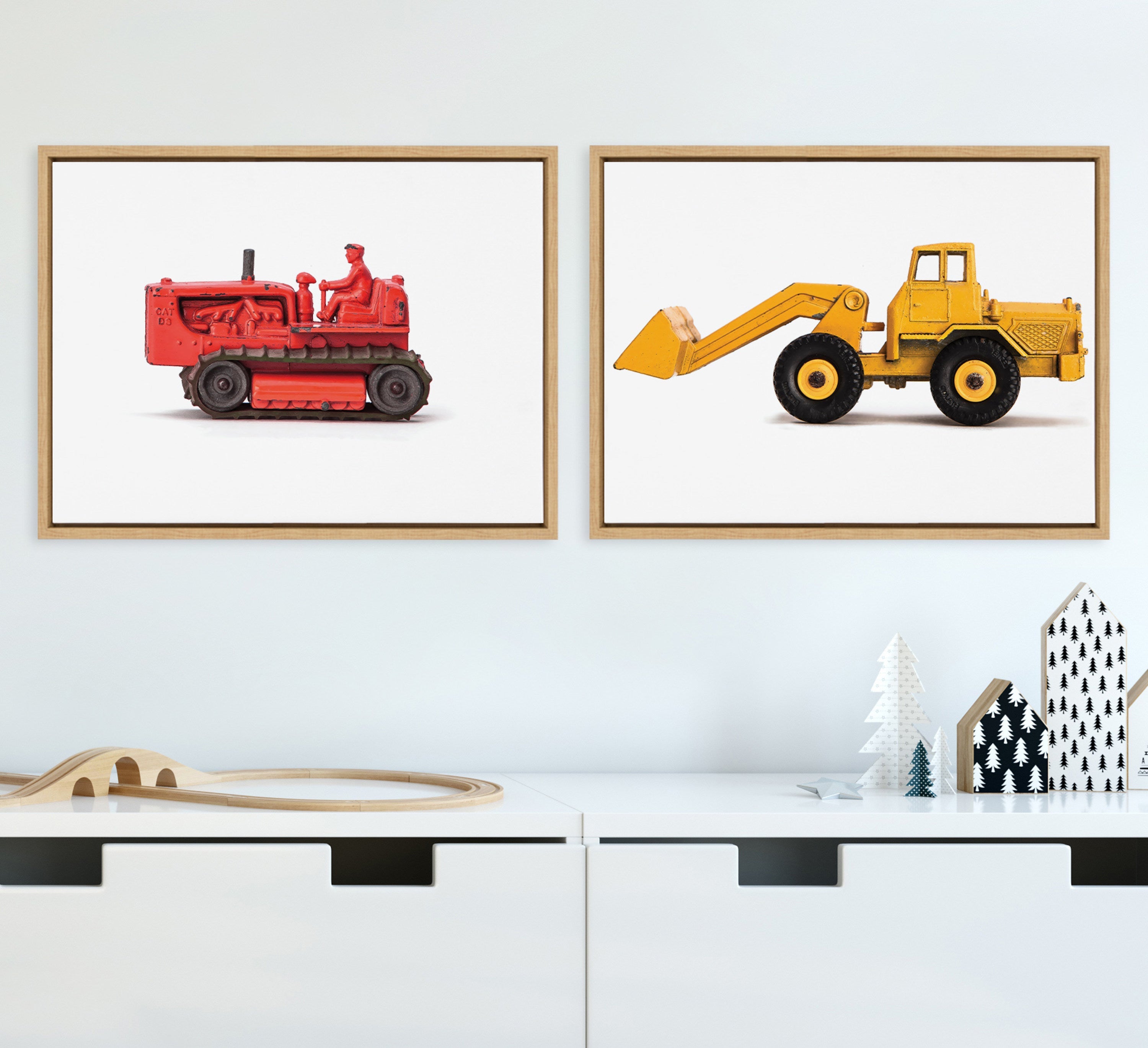 Sylvie Vintage Toy Bulldozer Red and Vintage Toy Front End Loader Yellow Framed Canvas Art Set by Saint and Sailor Studios