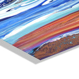 Close-up of Coastal Currents acrylic art showing layered blue, white, rust, and brown streaks with textured pattern at lower right corner.