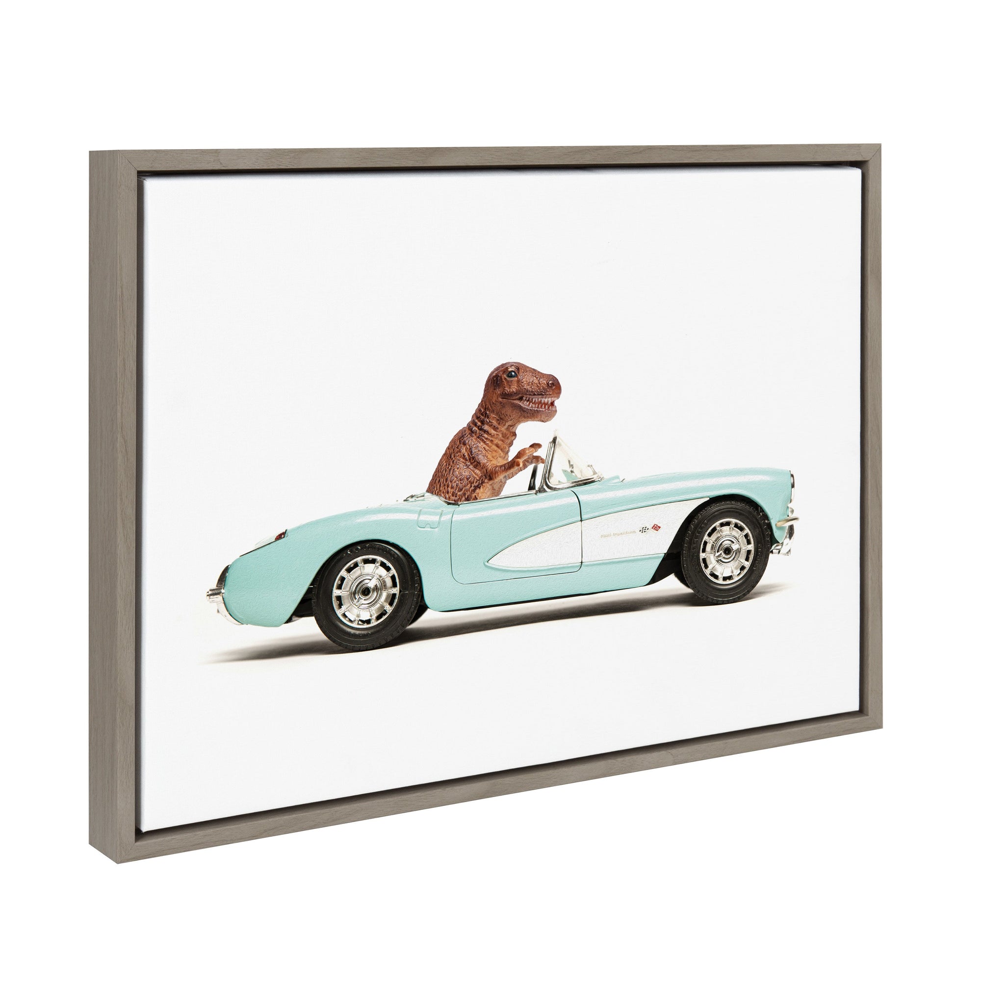 Framed canvas art of a T-Rex driving a 1957 aqua Chevrolet in aqua blue, with a modern polystyrene frame