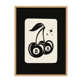 Black and white stylized graphic of two cherries each with the number 8 in the center, framed in a light wood frame with a black mat background.