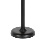 Close-up of a matte black metal round base supporting a slim vertical pole, shown against a plain white background.