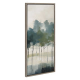 Vertical framed canvas painting of abstract trees with muted green, blue, and gray tones blending softly on a pale background.